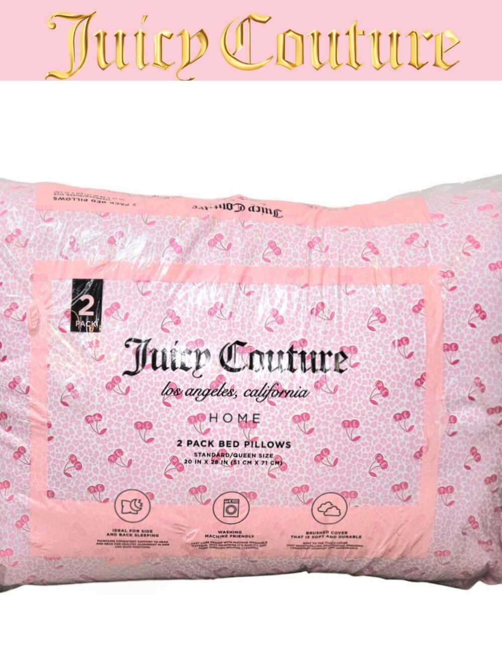 Juicy Couture Pink Home Cherries Leopord Print 2-Pack Jumbo Bed Pillows